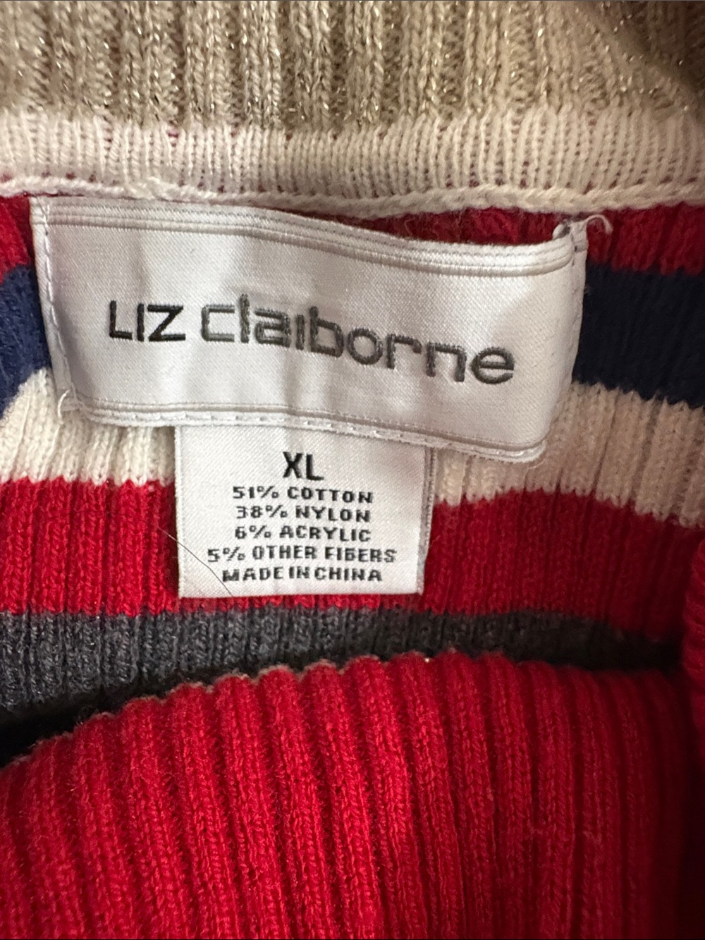 Liz Claiborne Red Crewneck Sweater with Navy & Cream Stripes - Picture 2 of 6